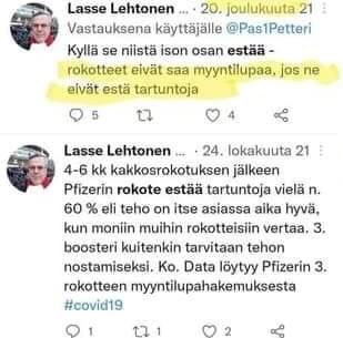 Helsingin ja Uudenmaan sairaanhoitopiirin Husin diagnostiikkajohtaja Lasse Lehtonen väittää tviitissään, ettei rokotteelle olisi annettu myyntilupaa, jolleivät ne estäisi tartuntoja.